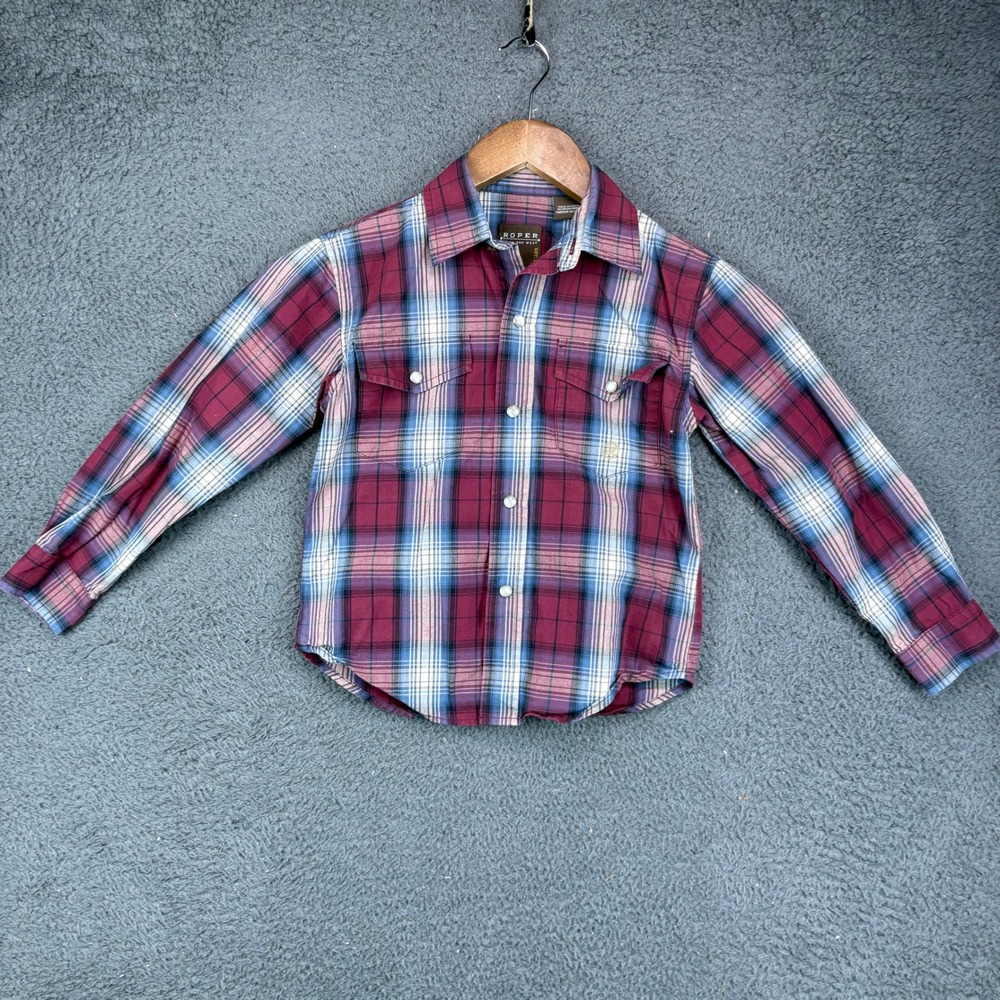 Roper Kids Small 6-7 Plaid Western Snap Button Down Shirt Maroon Blue 030110590‎